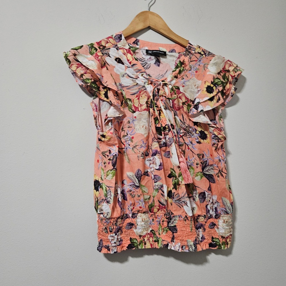 INC International Concepts Floral Flutter Sleeve Smocked Hem Top Peach PL Cotton